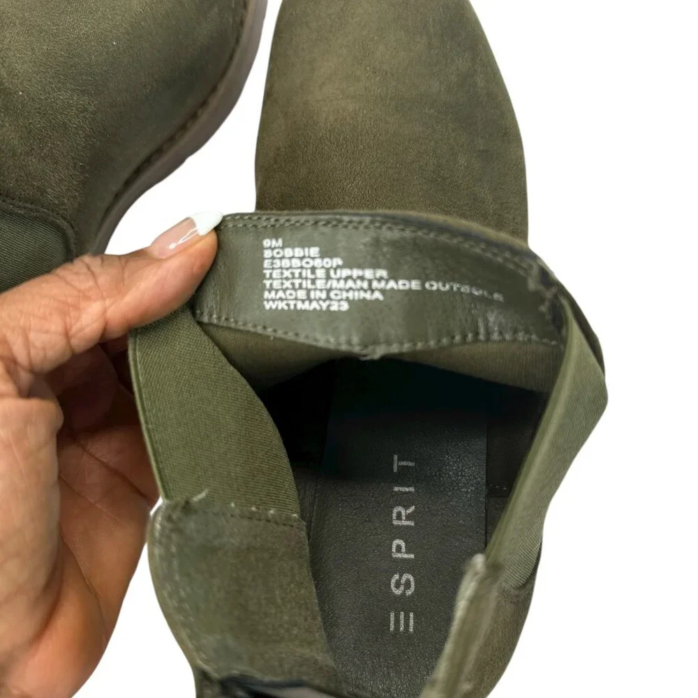 Esprit Olive Green Bobbie Ankle Boots Women’s Size 9M – Suede Look, Chunky Sole